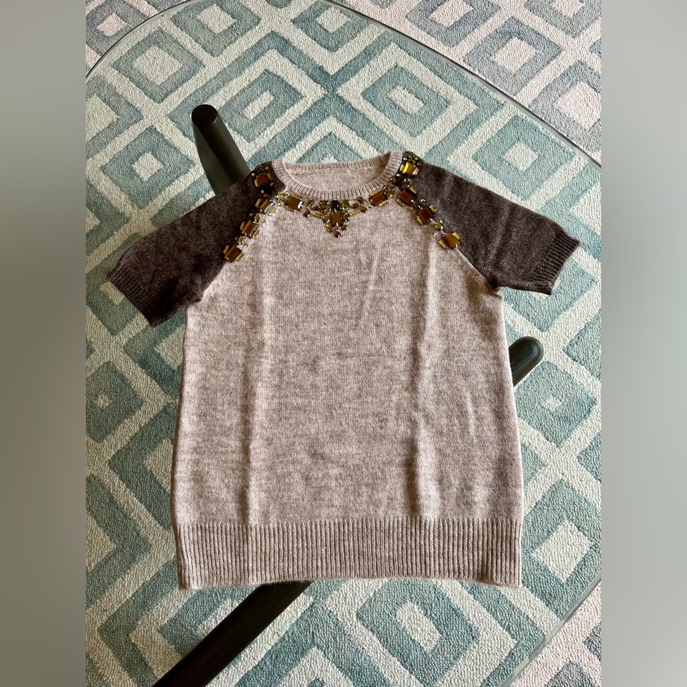 JCrew Embellished Gray Short Sleeve Sweater, alpaca blend, small
